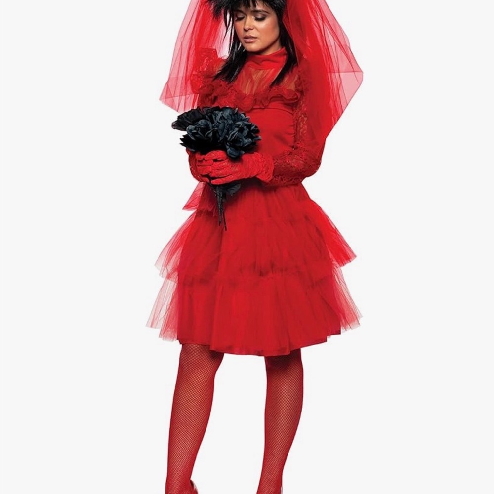 Underwraps Gothic Bride Red Layered Lace Mini Dress‎ Veil Costume 30522 Small